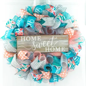 Home Sweet Home Wreath | Coral Grey Turquoise Spring Everyday Door Wreath | White Rustic Everyday