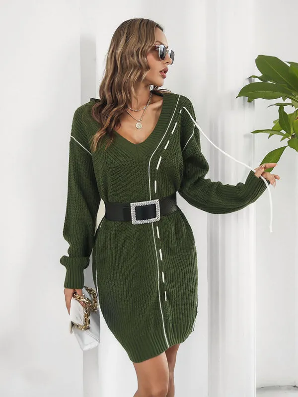 Toleet-Winter outfits Women's Dropped Sleeves Drawstring V-Neck Sweater Dress