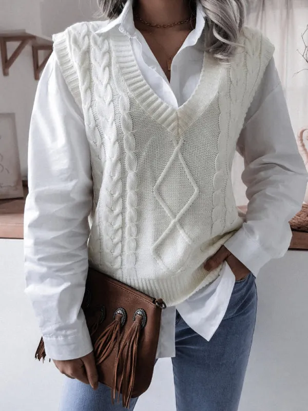 Toleet-Winter outfits Women's V-neck fried dough twist casual loose knit vest sweater