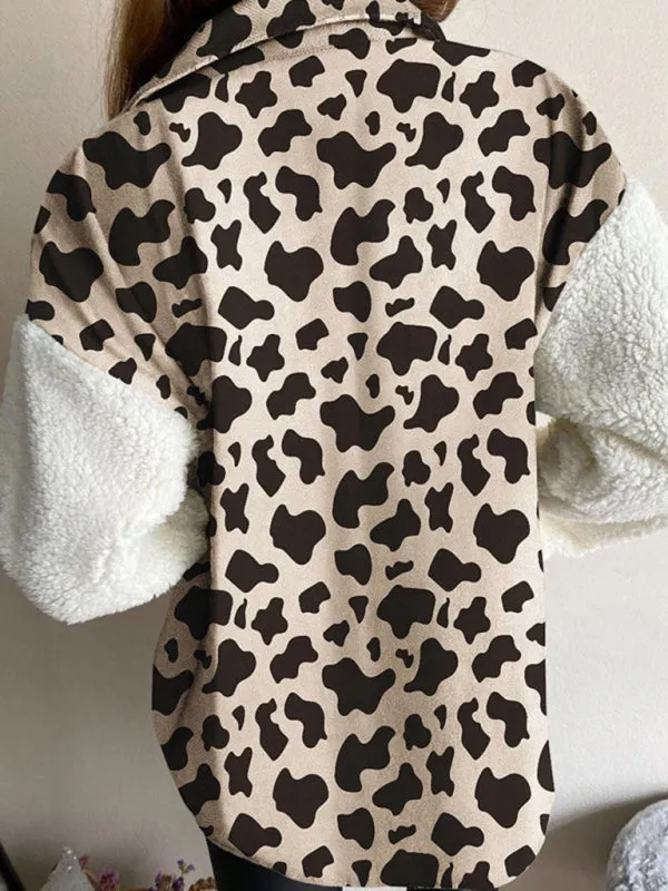 Wenkouban-Winter outfits ideas Women's Leopard Plaid Print Plush Stitching Contrast Color Warm Long Sleeve Jacket